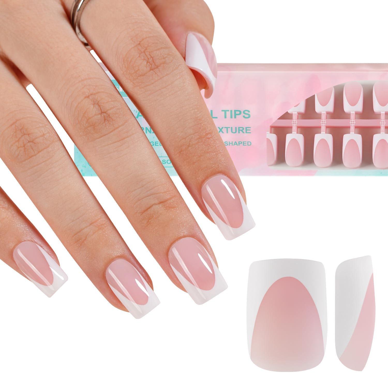 Misssix French Gel Nail Tips, 240Pcs French Tip Press on Nails Long Square Pink, No Need to File Tips Pre-lasting, Fake Nails for Nail Art DIY 15 Sizes